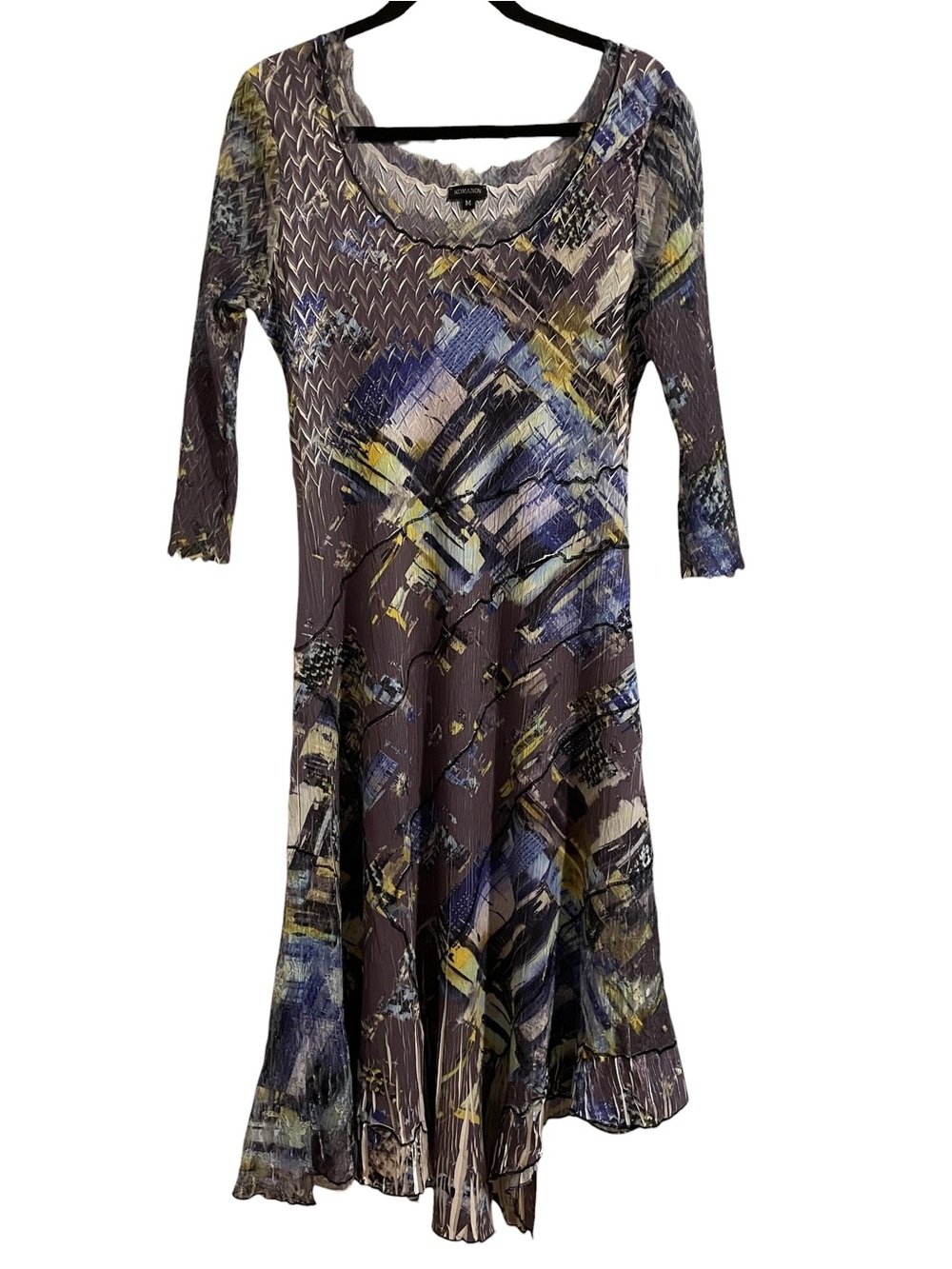 KOMAROV Abstract Print Long Sleeve Midi Dress Crinkle Textured Fabric Artsy